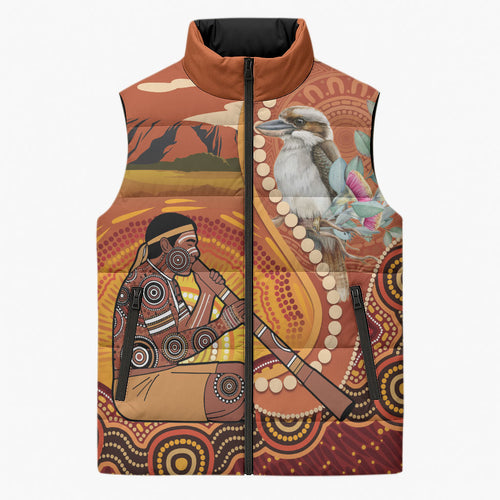 Australia Didgeridoo Sleeveless Puffer Jacket Aussie Kookaburra Indigenous Dot Art
