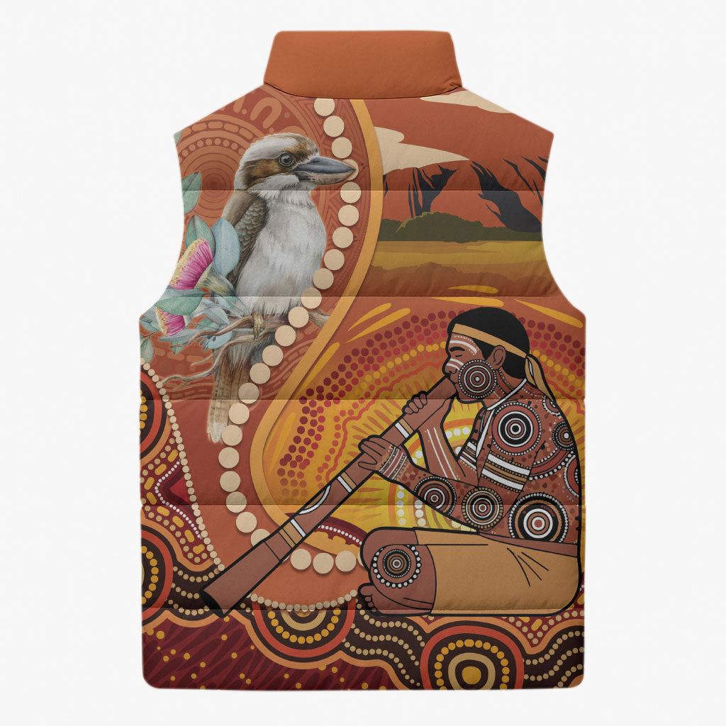 Australia Didgeridoo Sleeveless Puffer Jacket Aussie Kookaburra Indigenous Dot Art