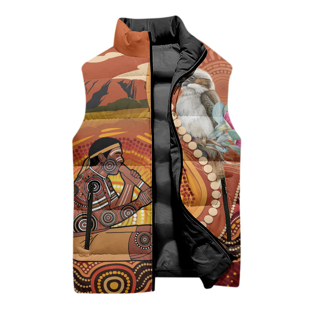 Australia Didgeridoo Sleeveless Puffer Jacket Aussie Kookaburra Indigenous Dot Art