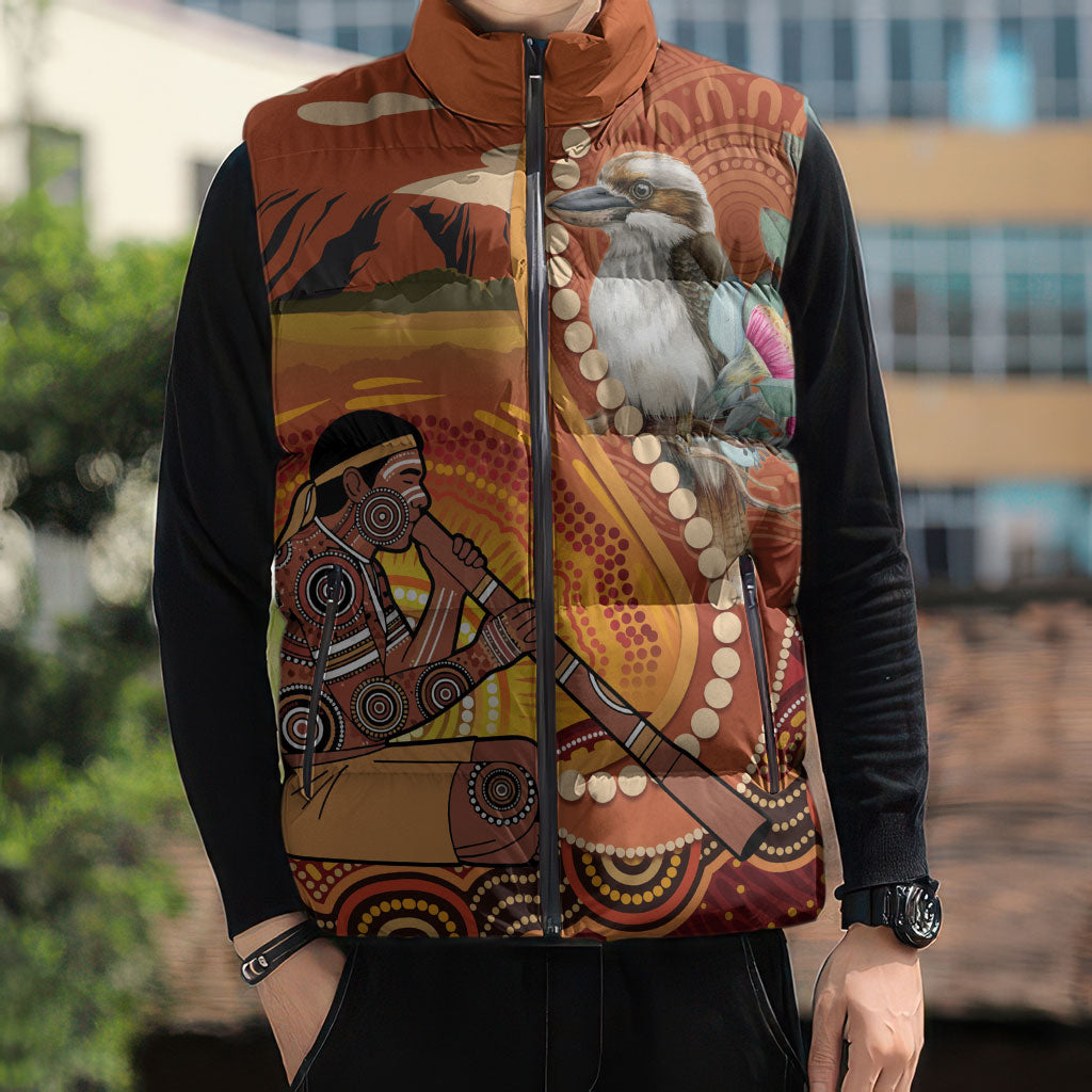 Australia Didgeridoo Sleeveless Puffer Jacket Aussie Kookaburra Indigenous Dot Art