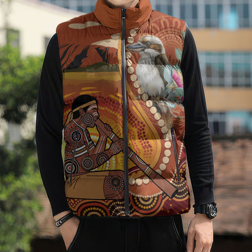 Australia Didgeridoo Sleeveless Puffer Jacket Aussie Kookaburra Indigenous Dot Art