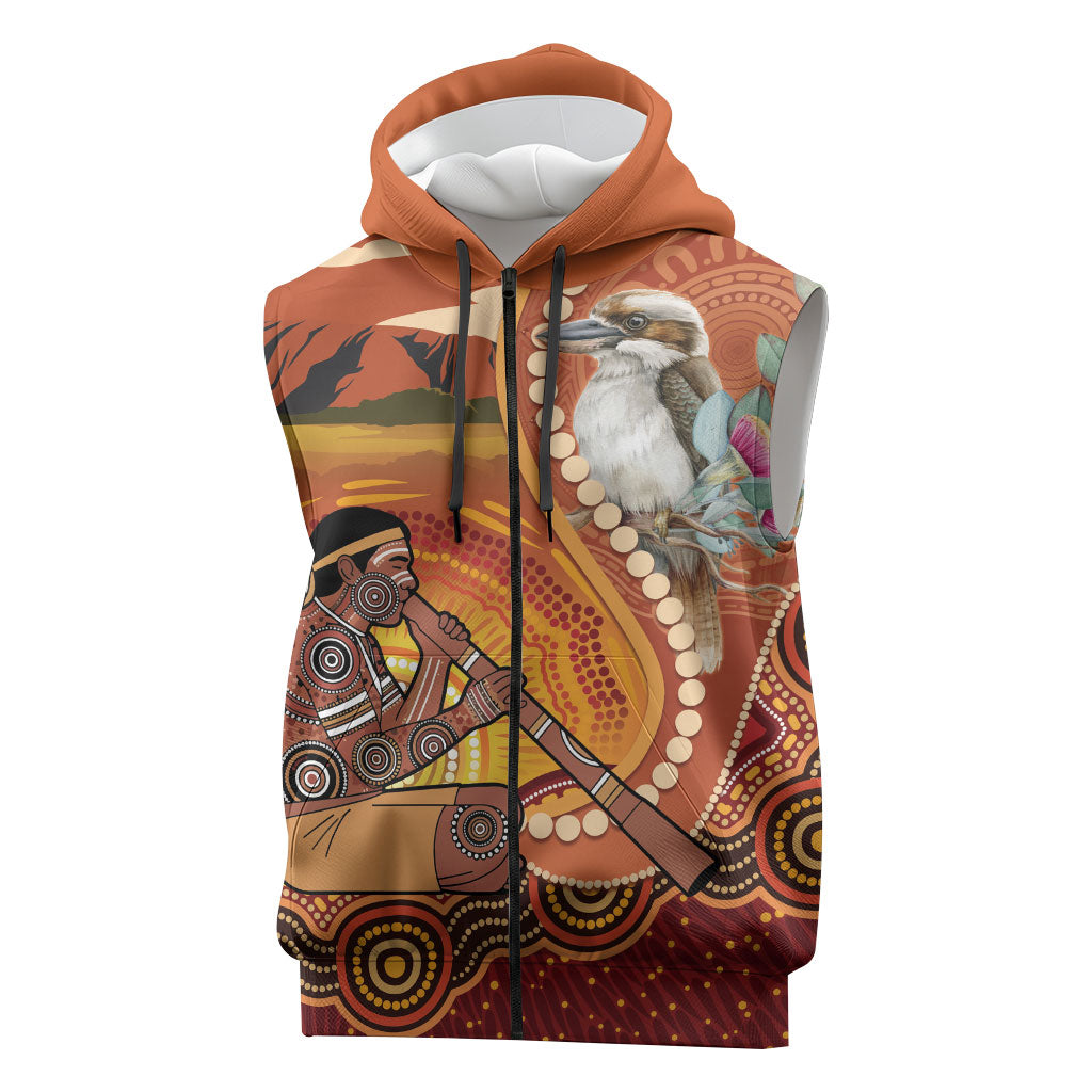 Australia Didgeridoo Sleeveless Zip Hoodie Aussie Kookaburra Indigenous Dot Art