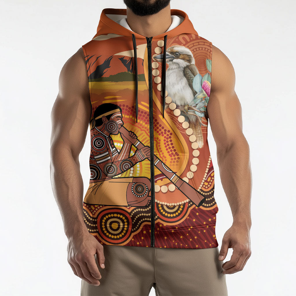 Australia Didgeridoo Sleeveless Zip Hoodie Aussie Kookaburra Indigenous Dot Art
