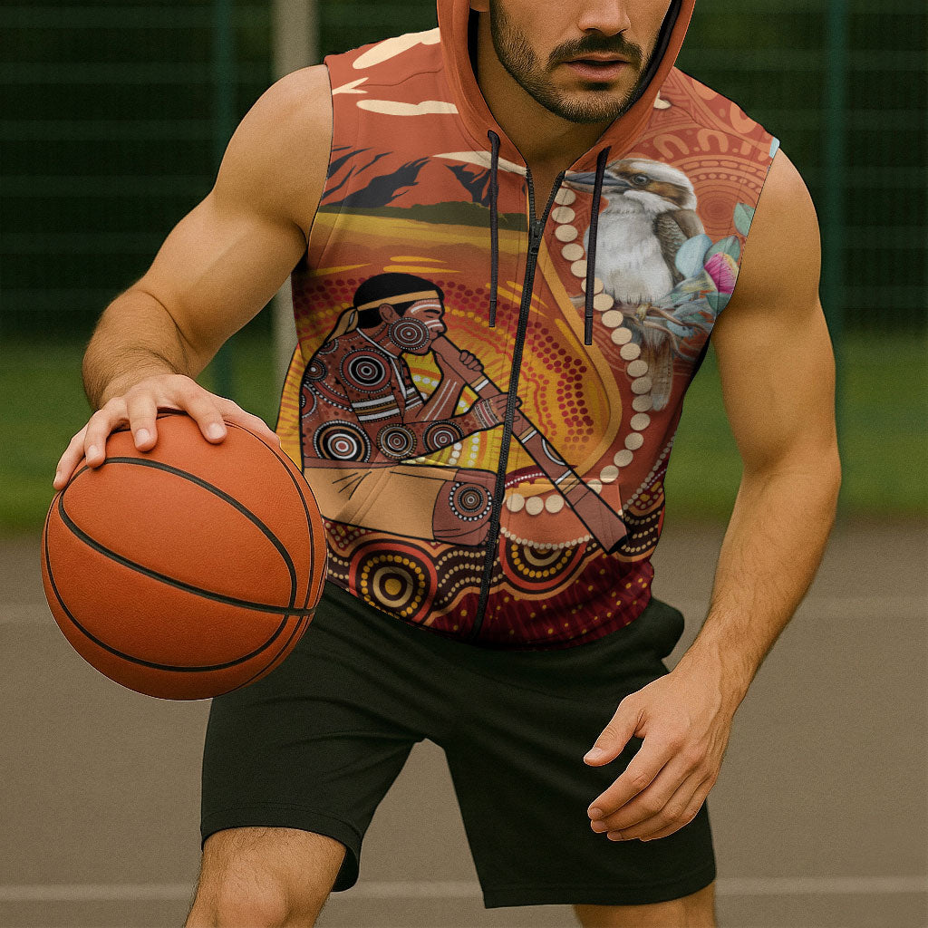 Australia Didgeridoo Sleeveless Zip Hoodie Aussie Kookaburra Indigenous Dot Art