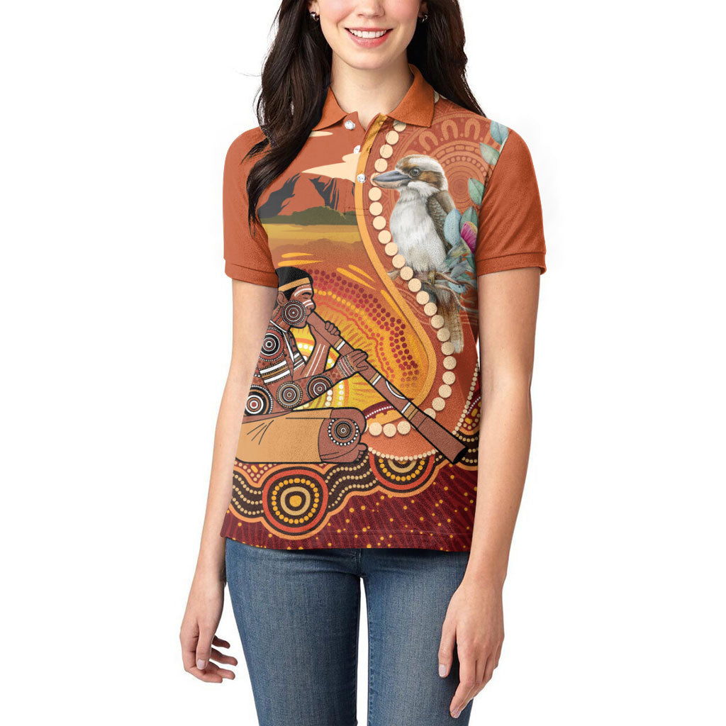 Australia Didgeridoo Women Polo Shirt Aussie Kookaburra Indigenous Dot Art