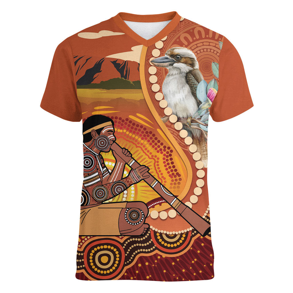 Australia Didgeridoo Women V-Neck T-Shirt Aussie Kookaburra Indigenous Dot Art