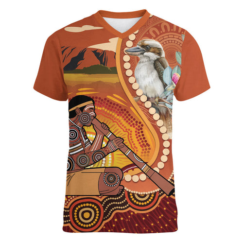 Australia Didgeridoo Women V-Neck T-Shirt Aussie Kookaburra Indigenous Dot Art