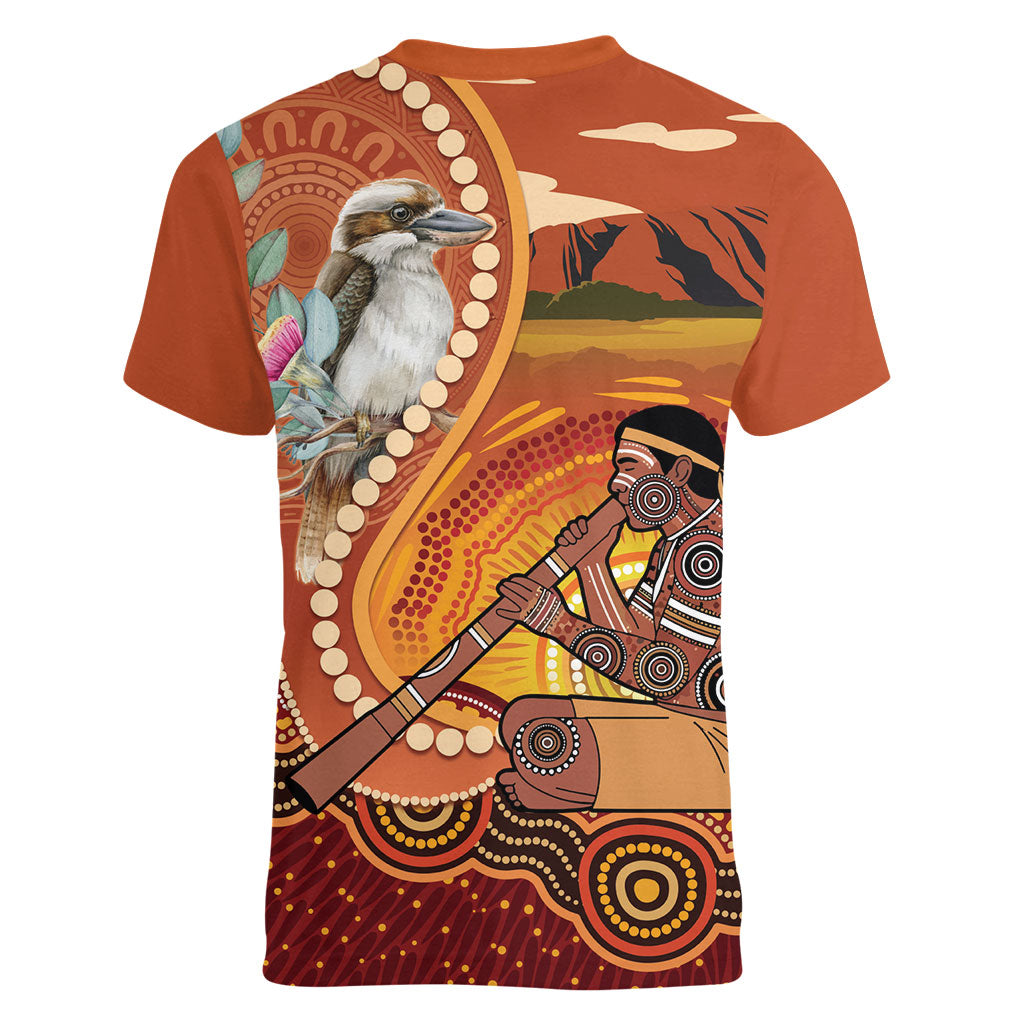Australia Didgeridoo Women V-Neck T-Shirt Aussie Kookaburra Indigenous Dot Art