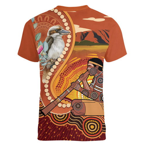Australia Didgeridoo Women V-Neck T-Shirt Aussie Kookaburra Indigenous Dot Art