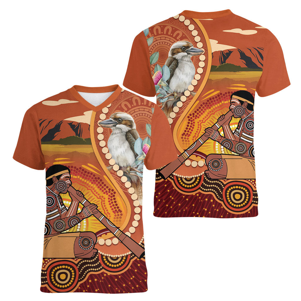 Australia Didgeridoo Women V-Neck T-Shirt Aussie Kookaburra Indigenous Dot Art