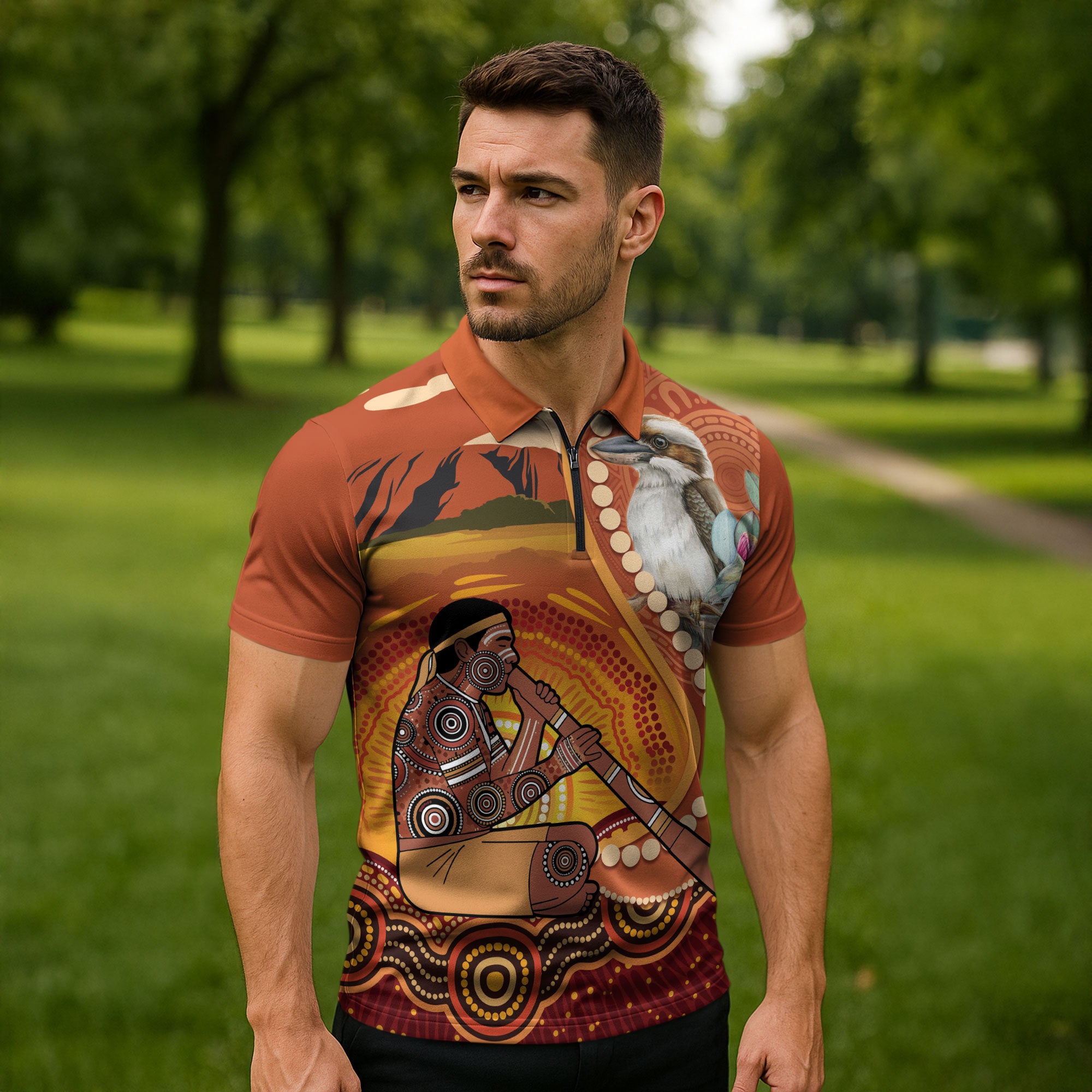 Australia Didgeridoo Zipper Polo Shirt Aussie Kookaburra Indigenous Dot Art