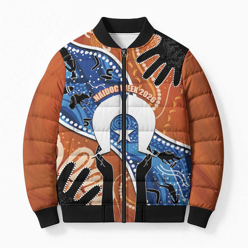 50 Years Of Deadly NAIDOC Week 2026 Bomber Puffer Jacket Torres Strait Dhari Aboriginal Art