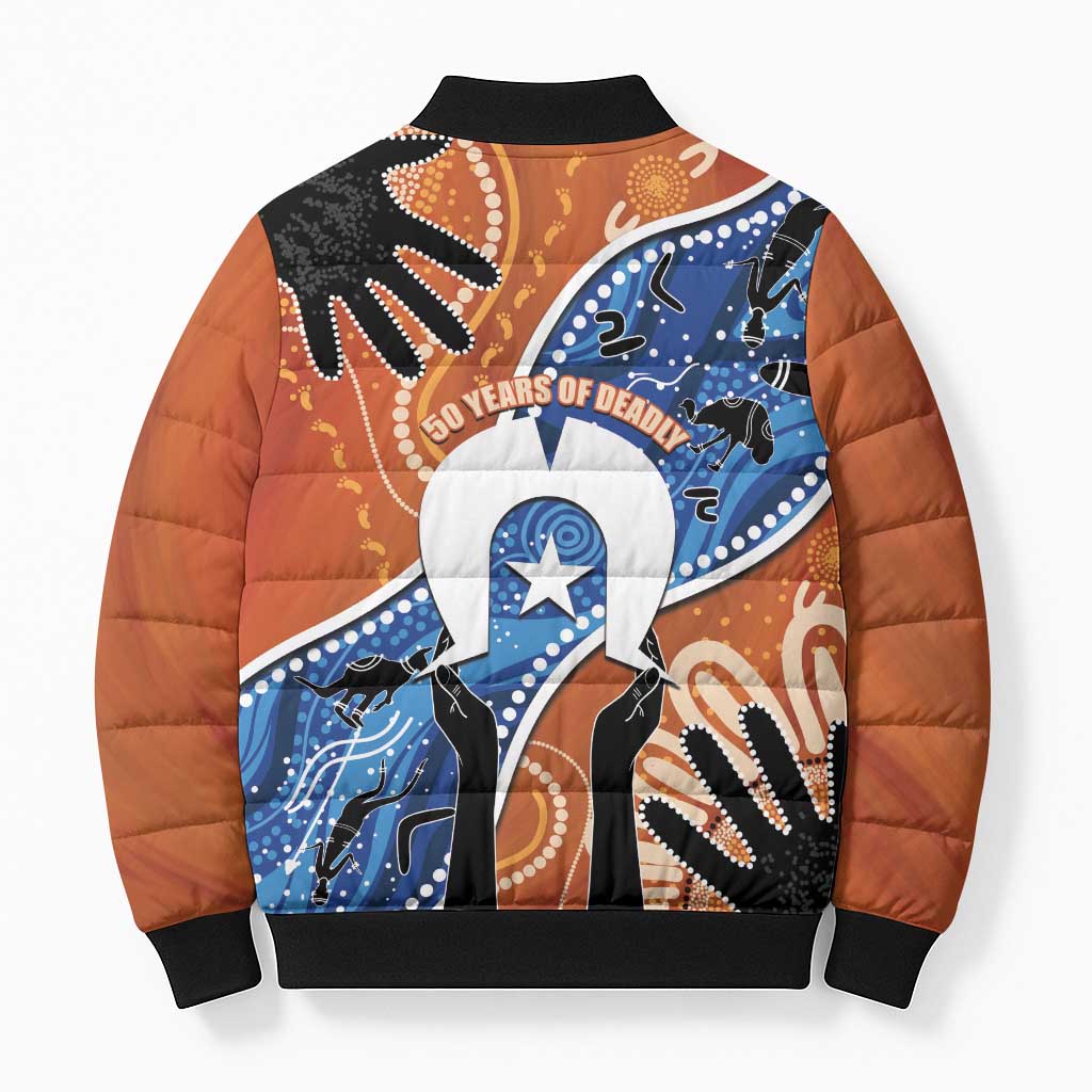 50 Years Of Deadly NAIDOC Week 2026 Bomber Puffer Jacket Torres Strait Dhari Aboriginal Art