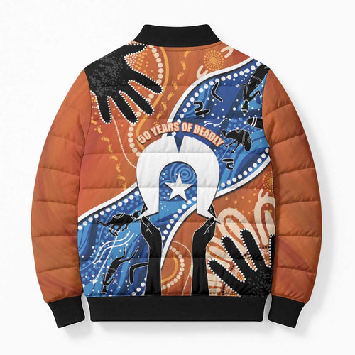 50 Years Of Deadly NAIDOC Week 2026 Bomber Puffer Jacket Torres Strait Dhari Aboriginal Art