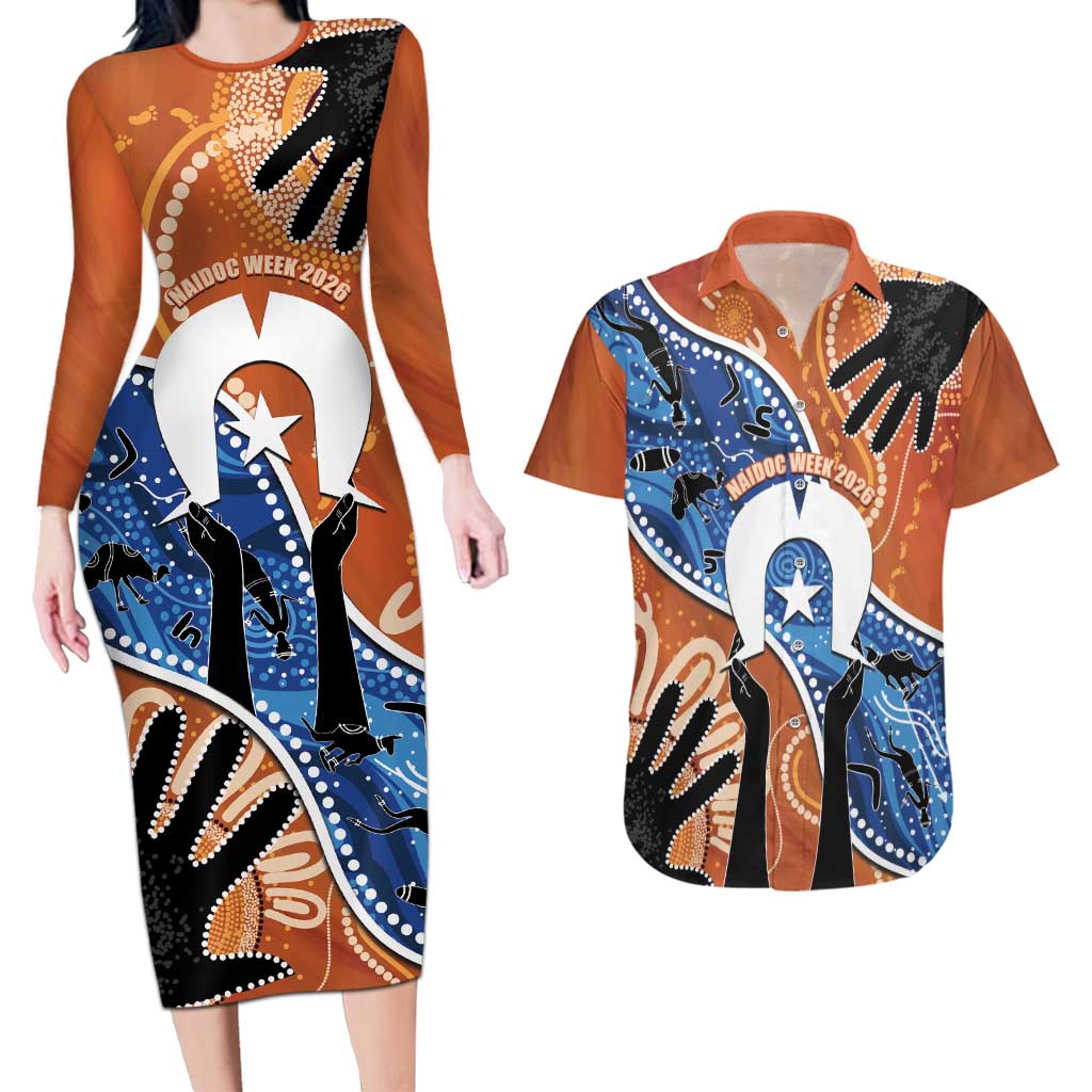 50 Years Of Deadly NAIDOC Week 2026 Couples Matching Long Sleeve Bodycon Dress and Hawaiian Shirt Torres Strait Dhari Aboriginal Art