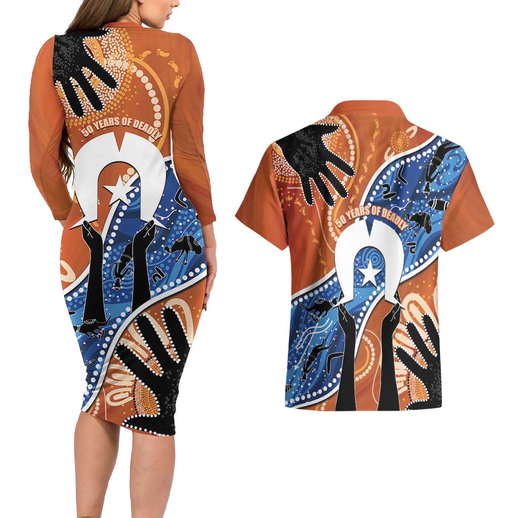 50 Years Of Deadly NAIDOC Week 2026 Couples Matching Long Sleeve Bodycon Dress and Hawaiian Shirt Torres Strait Dhari Aboriginal Art
