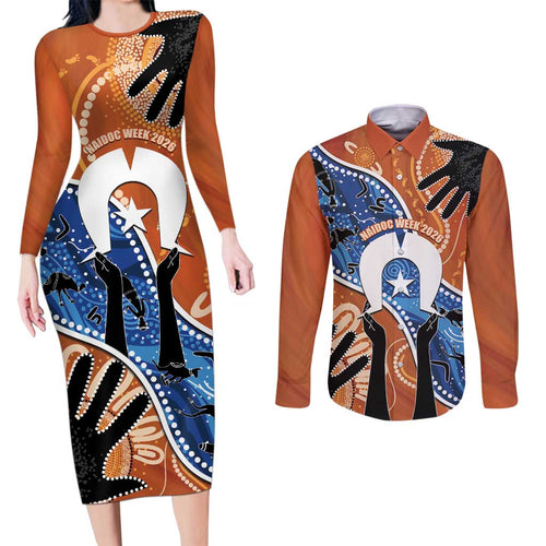 50 Years Of Deadly NAIDOC Week 2026 Couples Matching Long Sleeve Bodycon Dress and Long Sleeve Button Shirt Torres Strait Dhari Aboriginal Art