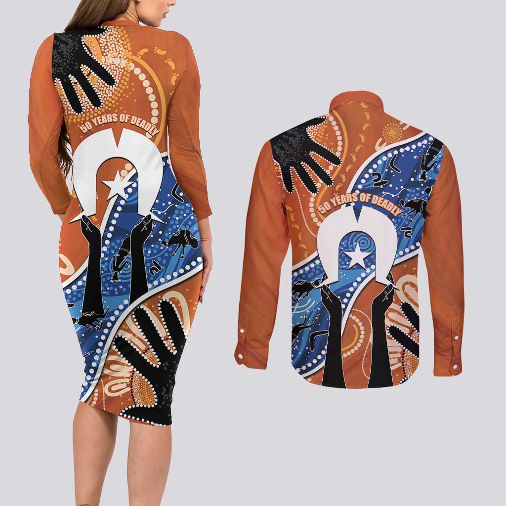 50 Years Of Deadly NAIDOC Week 2026 Couples Matching Long Sleeve Bodycon Dress and Long Sleeve Button Shirt Torres Strait Dhari Aboriginal Art