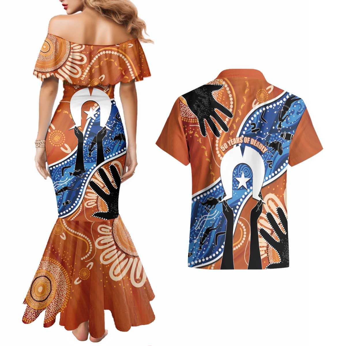 50 Years Of Deadly NAIDOC Week 2026 Couples Matching Mermaid Dress and Hawaiian Shirt Torres Strait Dhari Aboriginal Art