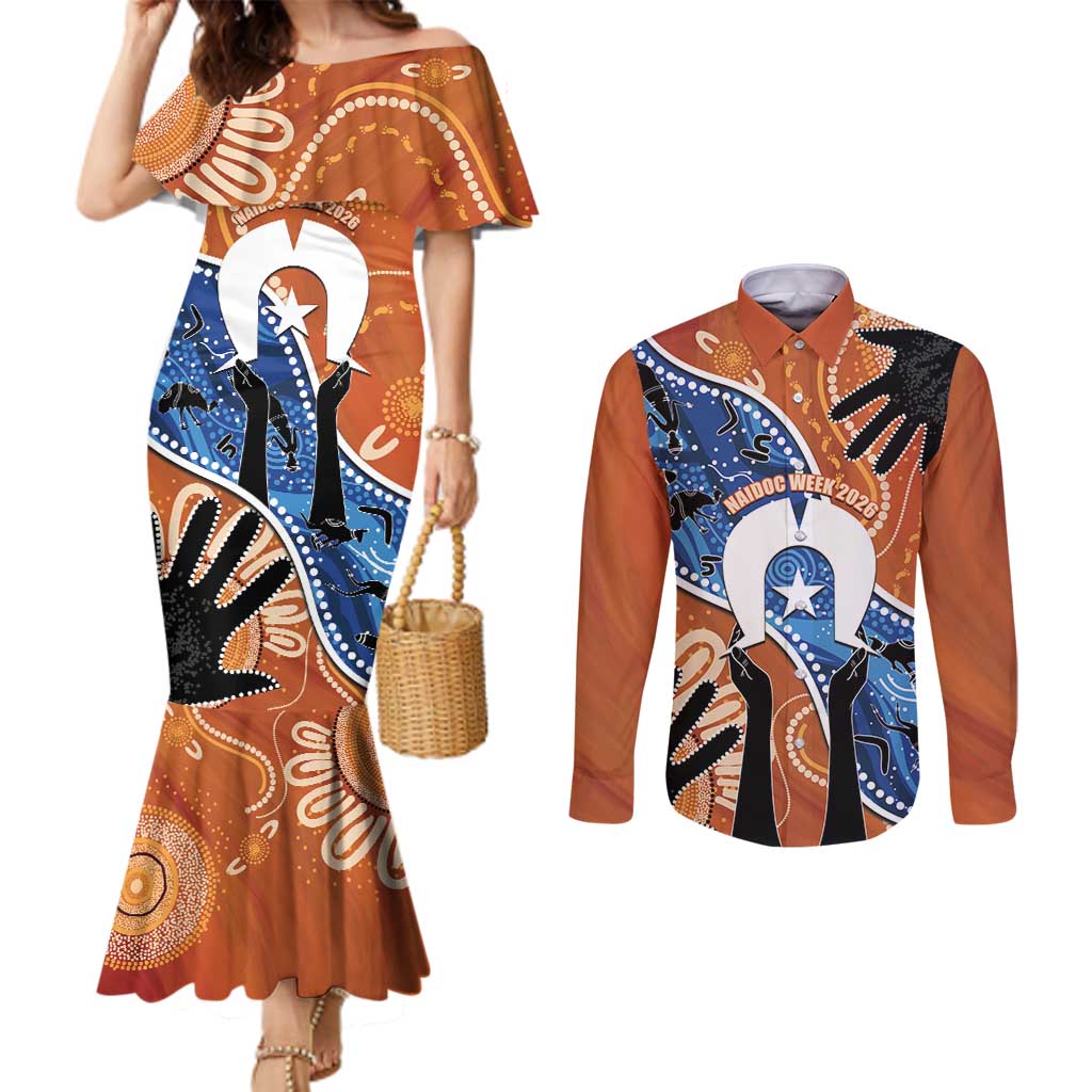 50 Years Of Deadly NAIDOC Week 2026 Couples Matching Mermaid Dress and Long Sleeve Button Shirt Torres Strait Dhari Aboriginal Art