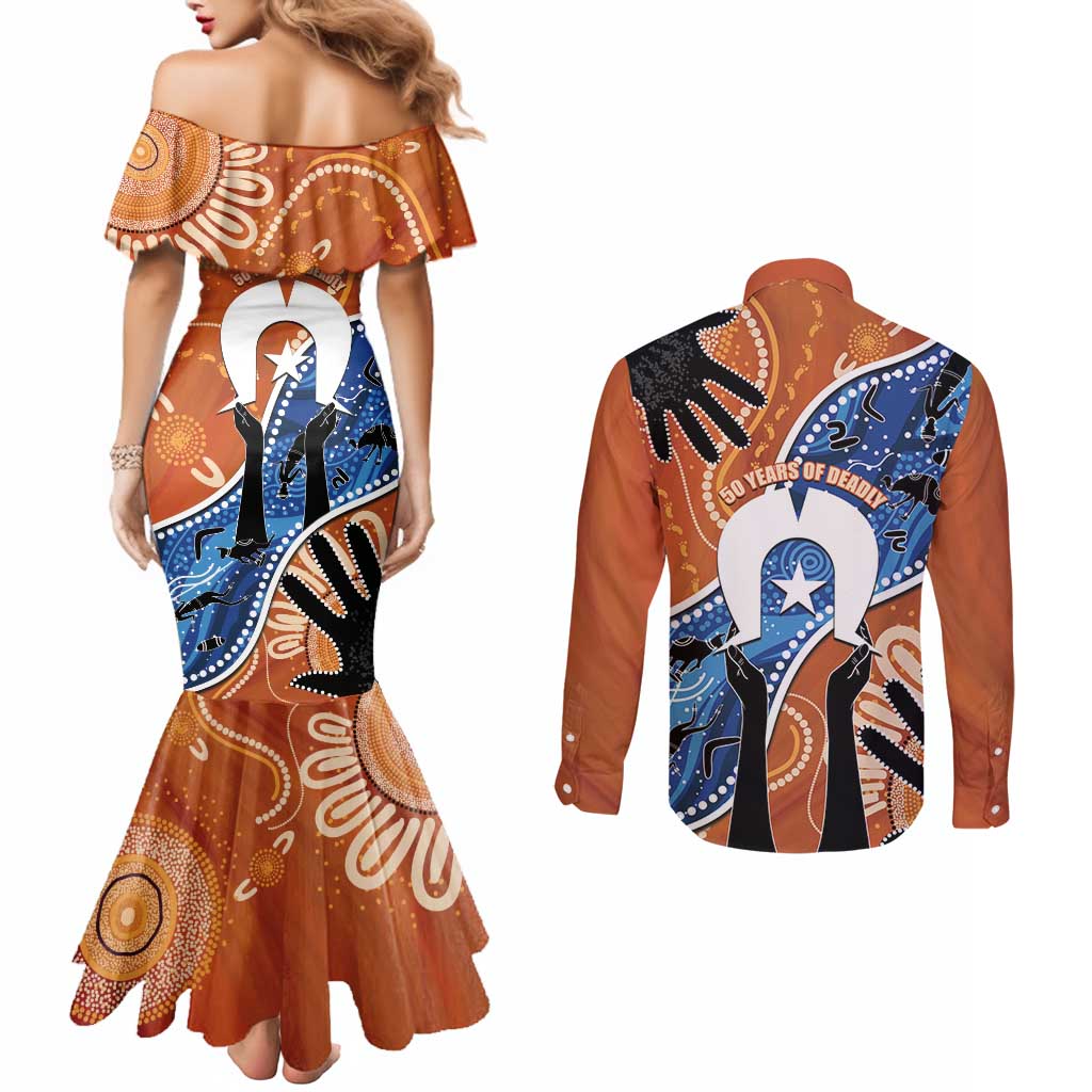 50 Years Of Deadly NAIDOC Week 2026 Couples Matching Mermaid Dress and Long Sleeve Button Shirt Torres Strait Dhari Aboriginal Art
