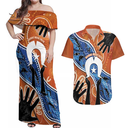 50 Years Of Deadly NAIDOC Week 2026 Couples Matching Off Shoulder Maxi Dress and Hawaiian Shirt Torres Strait Dhari Aboriginal Art