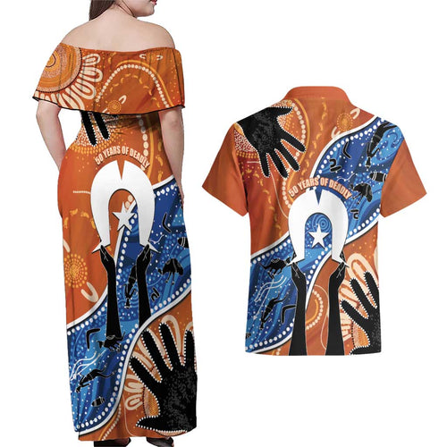 50 Years Of Deadly NAIDOC Week 2026 Couples Matching Off Shoulder Maxi Dress and Hawaiian Shirt Torres Strait Dhari Aboriginal Art