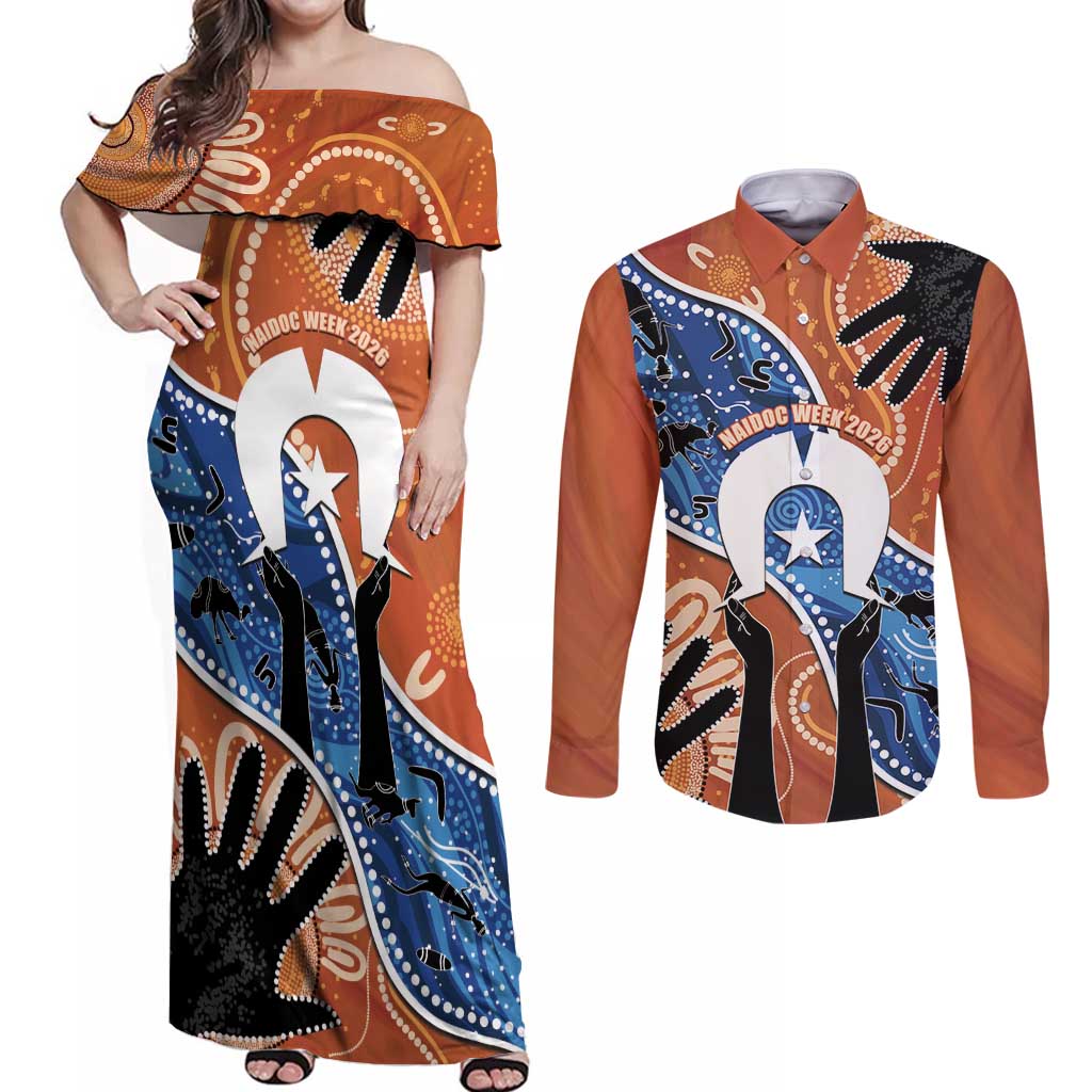 50 Years Of Deadly NAIDOC Week 2026 Couples Matching Off Shoulder Maxi Dress and Long Sleeve Button Shirt Torres Strait Dhari Aboriginal Art