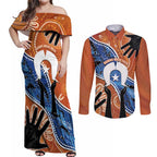 50 Years Of Deadly NAIDOC Week 2026 Couples Matching Off Shoulder Maxi Dress and Long Sleeve Button Shirt Torres Strait Dhari Aboriginal Art