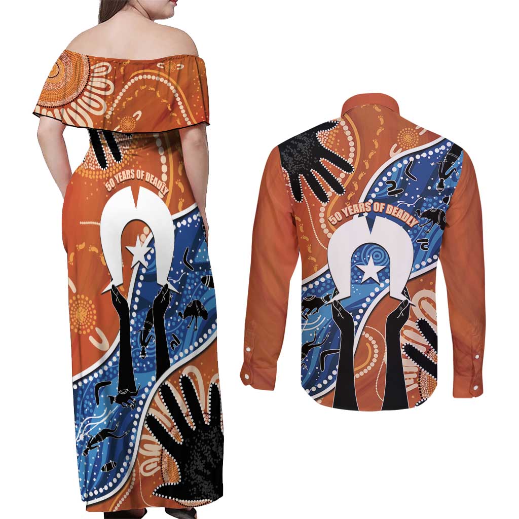 50 Years Of Deadly NAIDOC Week 2026 Couples Matching Off Shoulder Maxi Dress and Long Sleeve Button Shirt Torres Strait Dhari Aboriginal Art