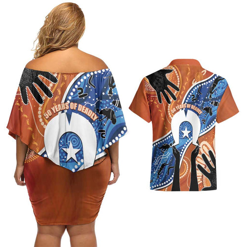 50 Years Of Deadly NAIDOC Week 2026 Couples Matching Off Shoulder Short Dress and Hawaiian Shirt Torres Strait Dhari Aboriginal Art