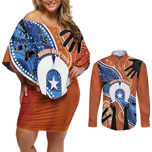 50 Years Of Deadly NAIDOC Week 2026 Couples Matching Off Shoulder Short Dress and Long Sleeve Button Shirt Torres Strait Dhari Aboriginal Art