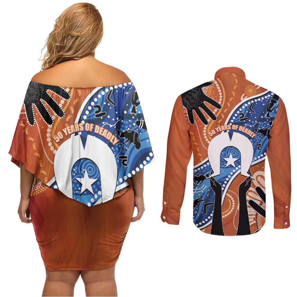50 Years Of Deadly NAIDOC Week 2026 Couples Matching Off Shoulder Short Dress and Long Sleeve Button Shirt Torres Strait Dhari Aboriginal Art