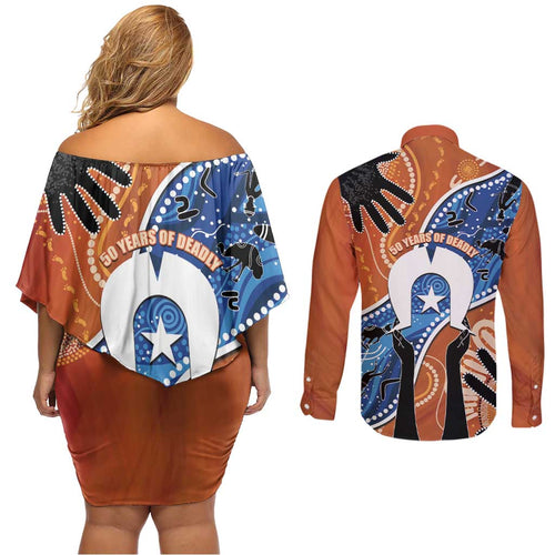 50 Years Of Deadly NAIDOC Week 2026 Couples Matching Off Shoulder Short Dress and Long Sleeve Button Shirt Torres Strait Dhari Aboriginal Art