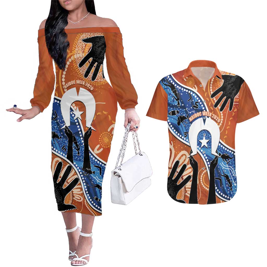 50 Years Of Deadly NAIDOC Week 2026 Couples Matching Off The Shoulder Long Sleeve Dress and Hawaiian Shirt Torres Strait Dhari Aboriginal Art