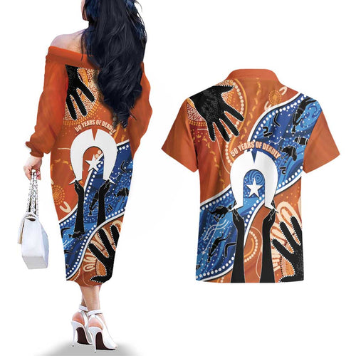 50 Years Of Deadly NAIDOC Week 2026 Couples Matching Off The Shoulder Long Sleeve Dress and Hawaiian Shirt Torres Strait Dhari Aboriginal Art
