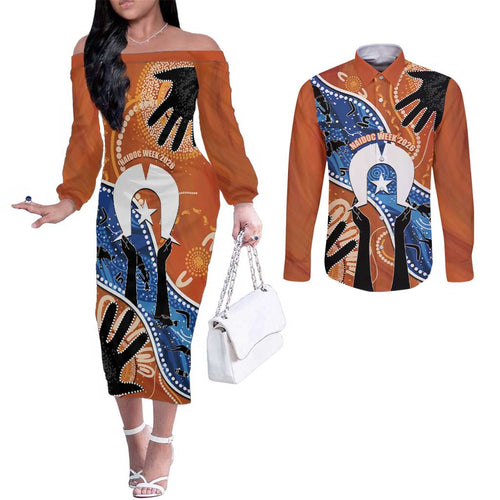 50 Years Of Deadly NAIDOC Week 2026 Couples Matching Off The Shoulder Long Sleeve Dress and Long Sleeve Button Shirt Torres Strait Dhari Aboriginal Art