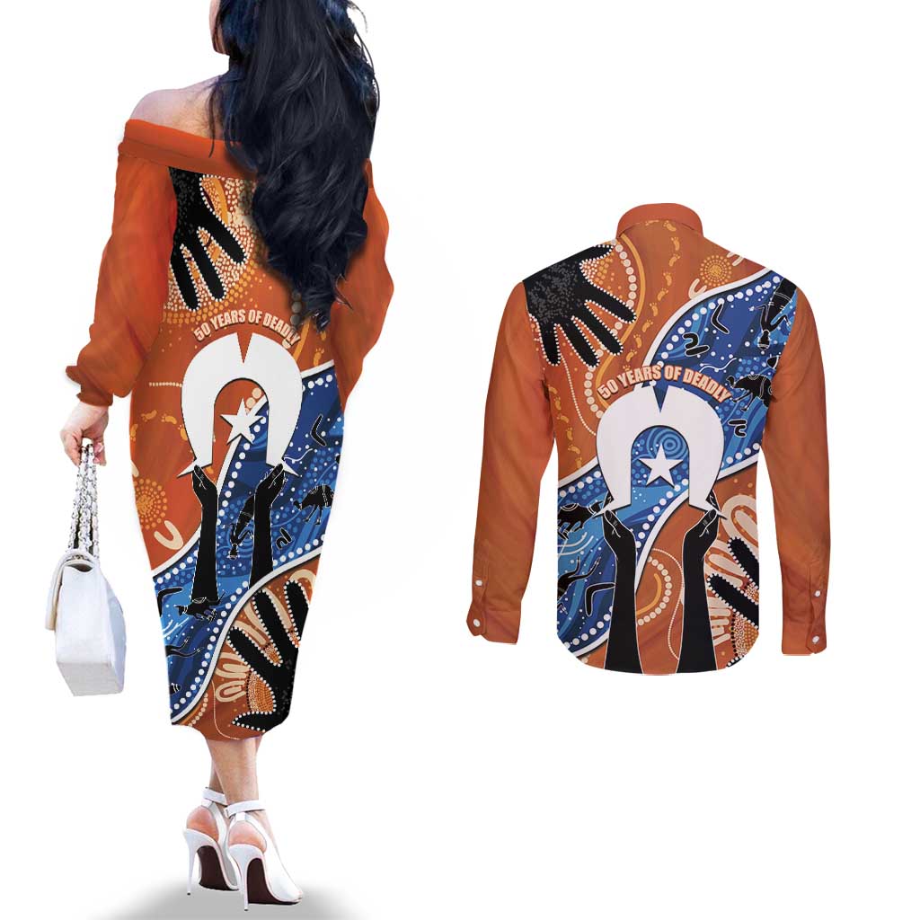 50 Years Of Deadly NAIDOC Week 2026 Couples Matching Off The Shoulder Long Sleeve Dress and Long Sleeve Button Shirt Torres Strait Dhari Aboriginal Art