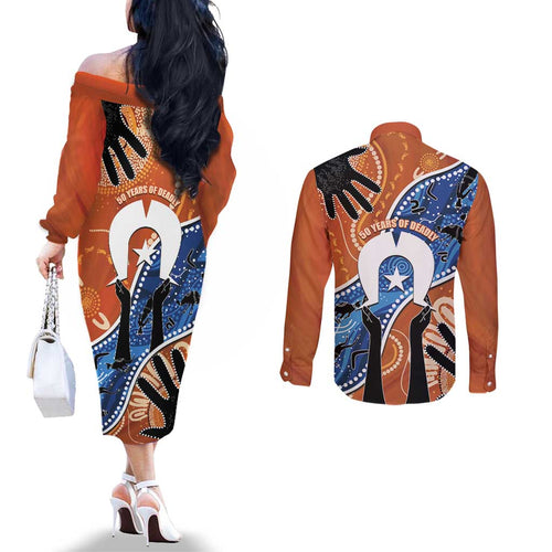 50 Years Of Deadly NAIDOC Week 2026 Couples Matching Off The Shoulder Long Sleeve Dress and Long Sleeve Button Shirt Torres Strait Dhari Aboriginal Art