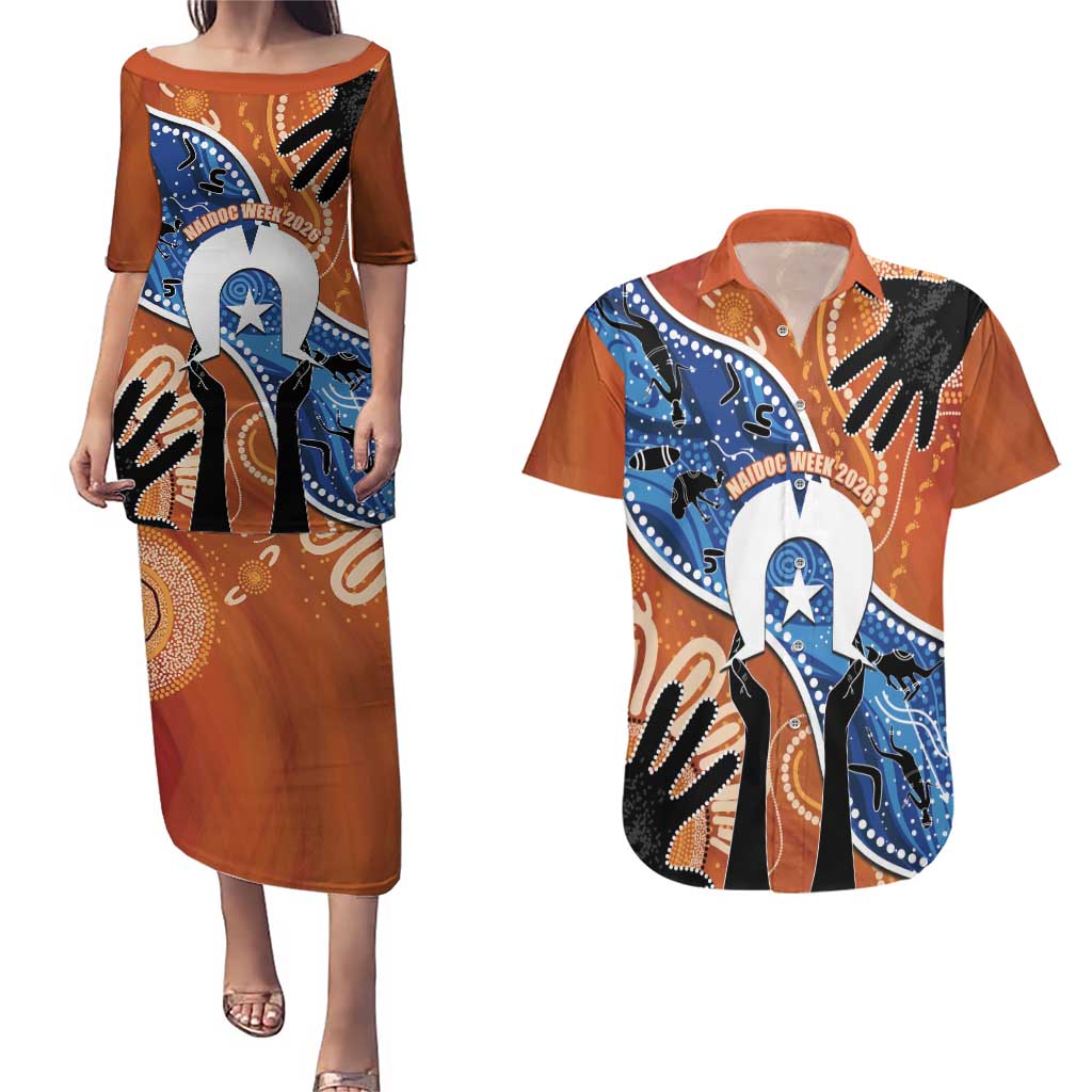 50 Years Of Deadly NAIDOC Week 2026 Couples Matching Puletasi and Hawaiian Shirt Torres Strait Dhari Aboriginal Art