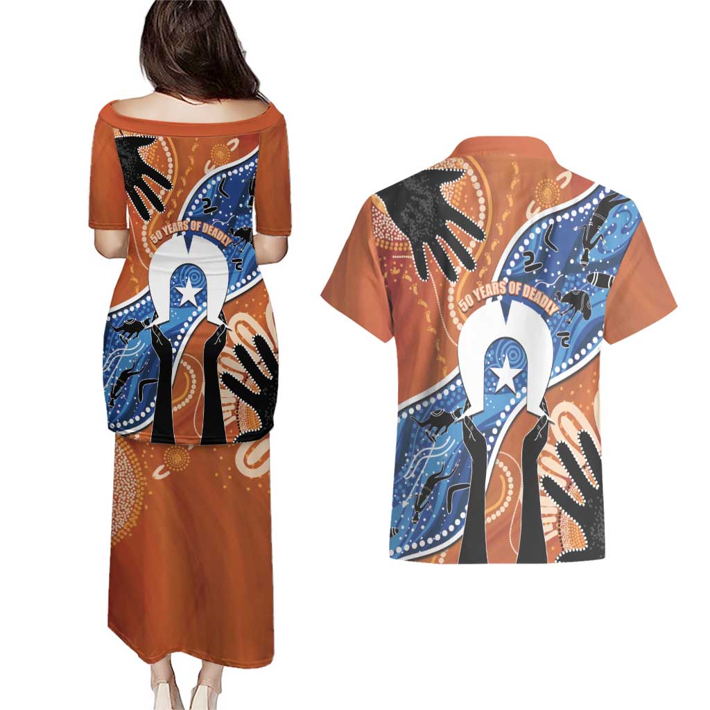 50 Years Of Deadly NAIDOC Week 2026 Couples Matching Puletasi and Hawaiian Shirt Torres Strait Dhari Aboriginal Art