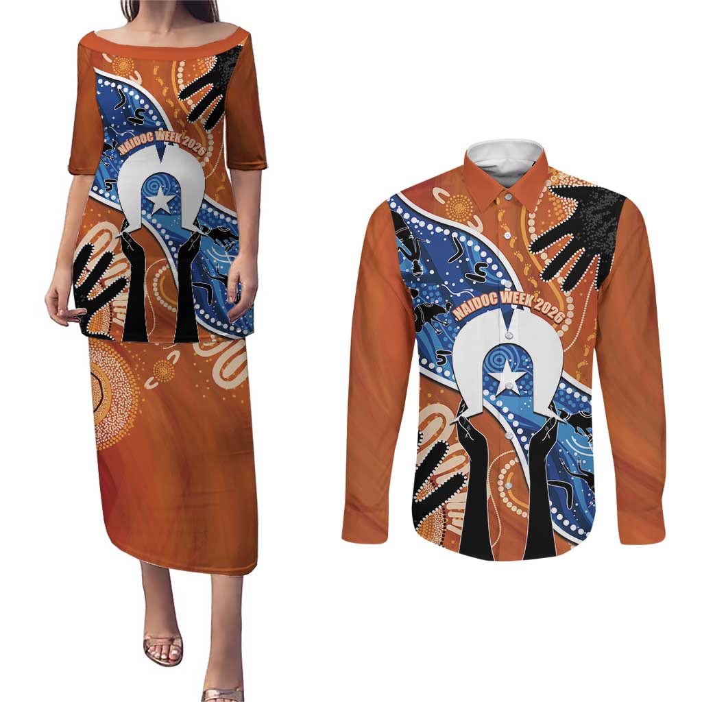 50 Years Of Deadly NAIDOC Week 2026 Couples Matching Puletasi and Long Sleeve Button Shirt Torres Strait Dhari Aboriginal Art