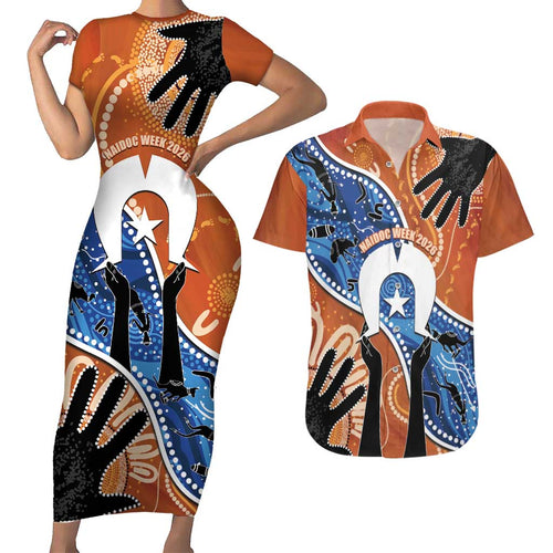 50 Years Of Deadly NAIDOC Week 2026 Couples Matching Short Sleeve Bodycon Dress and Hawaiian Shirt Torres Strait Dhari Aboriginal Art