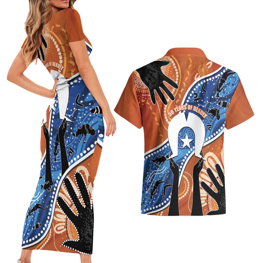 50 Years Of Deadly NAIDOC Week 2026 Couples Matching Short Sleeve Bodycon Dress and Hawaiian Shirt Torres Strait Dhari Aboriginal Art