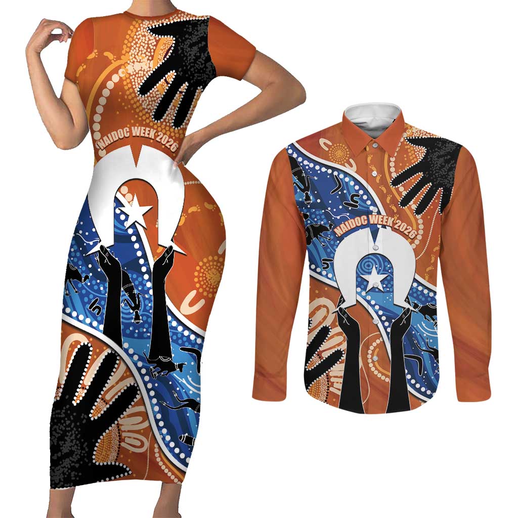 50 Years Of Deadly NAIDOC Week 2026 Couples Matching Short Sleeve Bodycon Dress and Long Sleeve Button Shirt Torres Strait Dhari Aboriginal Art