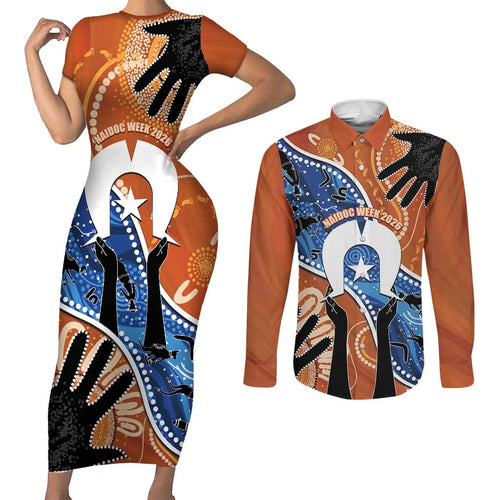 50 Years Of Deadly NAIDOC Week 2026 Couples Matching Short Sleeve Bodycon Dress and Long Sleeve Button Shirt Torres Strait Dhari Aboriginal Art