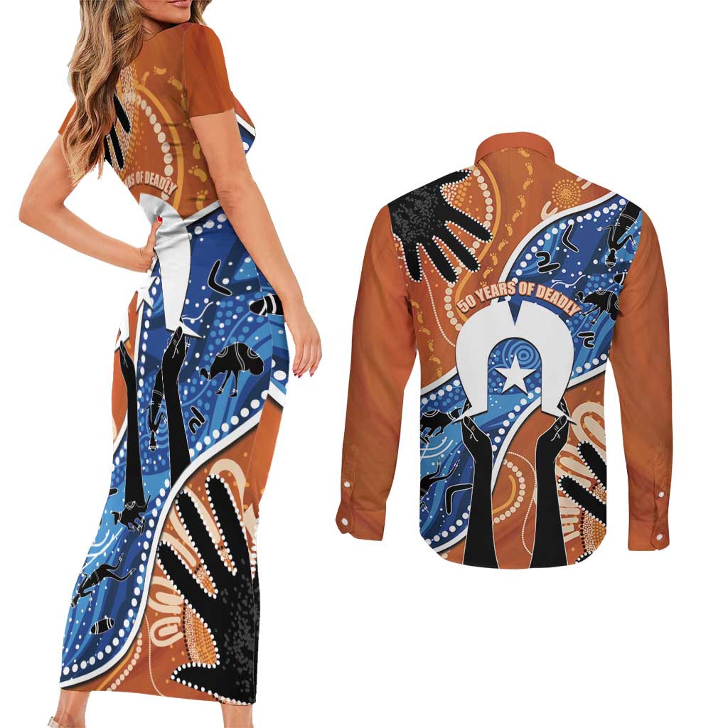 50 Years Of Deadly NAIDOC Week 2026 Couples Matching Short Sleeve Bodycon Dress and Long Sleeve Button Shirt Torres Strait Dhari Aboriginal Art