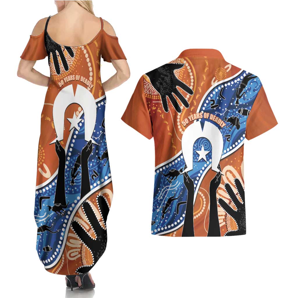 50 Years Of Deadly NAIDOC Week 2026 Couples Matching Summer Maxi Dress and Hawaiian Shirt Torres Strait Dhari Aboriginal Art