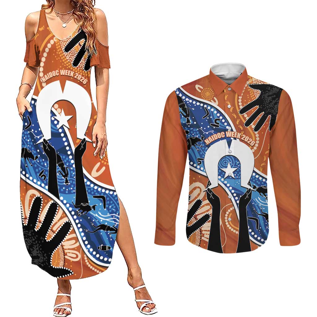 50 Years Of Deadly NAIDOC Week 2026 Couples Matching Summer Maxi Dress and Long Sleeve Button Shirt Torres Strait Dhari Aboriginal Art