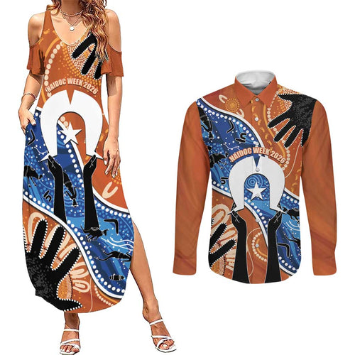 50 Years Of Deadly NAIDOC Week 2026 Couples Matching Summer Maxi Dress and Long Sleeve Button Shirt Torres Strait Dhari Aboriginal Art